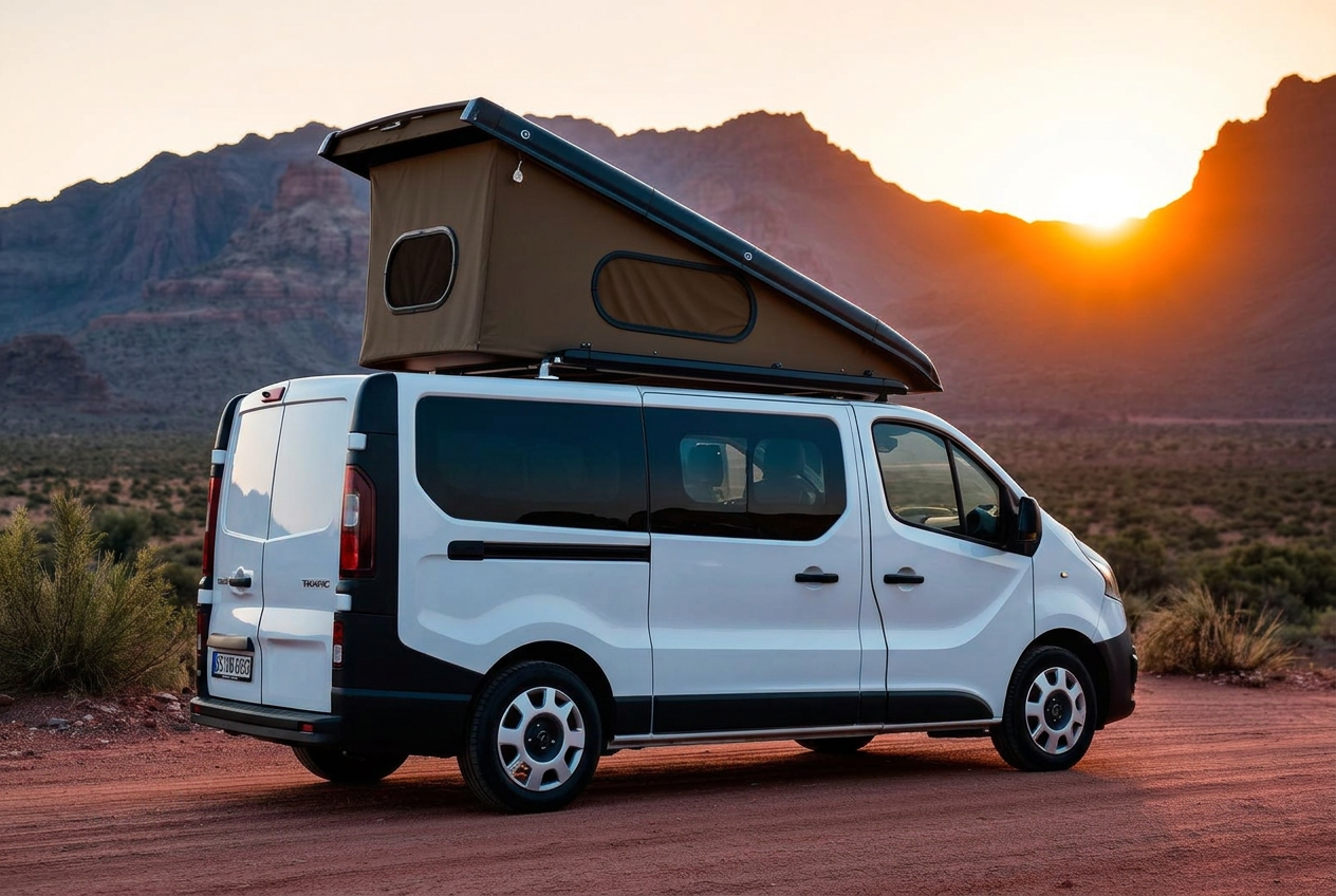 Renault Trafic aménagé blanc avec toit relevable, dans un paysage de montagne